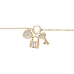 Bracelet en plaqué or chaîne avec breloques cadenas coeur clefs et oxydes blancs 16 + 2cm Bracelet en plaqué or chaîne avec breloques cadenas coeur clefs et oxydes blancs 16 + 2cm