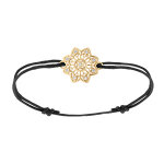 Bracelet en plaqu� or avec cordon noir et fleur filigrane orn�e d'oxydes blancs sertis