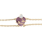 Bracelet en plaqu� or double cha�ne avec coeur oxyde violet motif volute 16 + 3cm