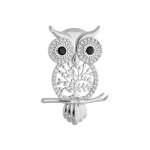 Broche en argent rhodi� hibou / chouette motif arbre de vie et oxydes sertis blancs et noirs