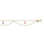 Cha�ne de cheville en argent et dorure jaune 2 rangs avec boules multi couleurs 23 + 3cm