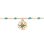 Chane de cheville en argent et dorure jaune perles bleu transparent et pastille diamant 23 + 3cm