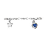 Chane de cheville en argent avec pampilles toiles et coeurs en oxydes bleus foncs alterns - longueur ...