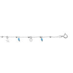 Chaîne de cheville en argent rhodié avec pampilles étoiles, coeurs et boules bleues 23 + 2, 5m Chaîne de cheville en argent rhodié avec pampilles étoiles, coeurs et boules bleues 23 + 2, 5m