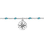 Chane de cheville en argent rhodi perles bleu transparent et soleil diamant 23 + 3cm