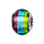 Charms thabora en argent rhodi� et verre de murano v�ritable 3 bandes : vert, bleu et violet