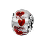 Charms thabora en argent rhodié et verre de murano véritable argenté avec petits coeurs rouges Charms thabora en argent rhodié et verre de murano véritable argenté avec petits coeurs rouges
