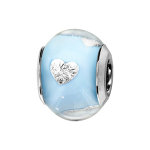 Charms thabora en argent rhodié et verre de murano véritable bleu clair avec coeurs argentés Charms thabora en argent rhodié et verre de murano véritable bleu clair avec coeurs argentés