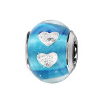 Charms thabora en argent rhodié et verre de murano véritable bleu turquoise avec coeurs argentés Charms thabora en argent rhodié et verre de murano véritable bleu turquoise avec coeurs argentés