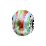 Charms thabora en argent rhodi� et verre de murano v�ritable nacr� ray� rouge orang�, vert et bleu
