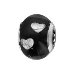 Charms thabora en argent rhodié et verre de murano véritable noir avec coeurs argentés Charms thabora en argent rhodié et verre de murano véritable noir avec coeurs argentés