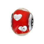 Charms thabora en argent rhodié et verre de murano véritable rouge avec coeurs argentés Charms thabora en argent rhodié et verre de murano véritable rouge avec coeurs argentés