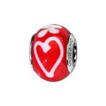 Charms thabora en argent rhodié et verre de murano véritable rouge avec coeur et fleur blancs Charms thabora en argent rhodié et verre de murano véritable rouge avec coeur et fleur blancs