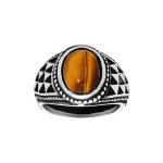 Chevalière en acier avec grosse pierre en oeil de tigre véritable Chevalière en acier avec grosse pierre en oeil de tigre véritable