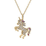 Coller en vermeil pendentif massif licorne orn�e d'oxydes multi couleurs sertis - 38 + 5cm