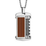 Collier en acier cha�ne boule avec pendentif aspect bois et c�ble gris 50 + 5cm