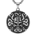 Collier en acier chane avec gros pendentif patin rond viking 45mm tte de mort 52 + 5cm