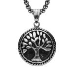 Collier en acier cha�ne maille jaseron patin�e avec pendentif arbre de vie vieilli 55cm