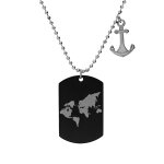 Collier en acier chaîne avec pendentif ancre et plaque pvd noir militaire motif monde 55 + 10cm Collier en acier chaîne avec pendentif ancre et plaque pvd noir militaire motif monde 55 + 10cm