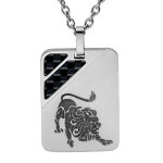 Collier en acier cha�ne avec pendentif rectangulaire zodiaque lion 2 bandes carbone 50 + 5cm