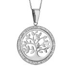 Collier en acier chane avec pendentif rond avec arbre de vie ajour et contour en rsine et strass blanc ...