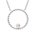 Collier en acier cha�ne avec pendentif rond boule avec perle de synth�se blanche 45 + 5cm