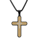 Collier en acier cha�ne pvd noir pendentif croix dor� 39x27mm avec oxydes blancs - 50 + 10cm