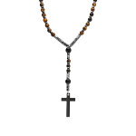 Collier en acier chapelet boules diamtre 6 et 8 et croix 35mm x 20mm pvd noir sans fermoir - 70cm