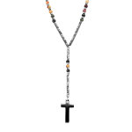 Collier en acier chapelet boules claires, croix 27mm x 15mm pvd noir sans fermoir - 70cm
