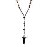 Collier en acier chapelet boules fonc�es, croix 27mm x 15mm pvd noir sans fermoir - 70cm