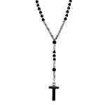 Collier en acier chapelet boules noires et croix 27mm x 15mm pvd noir sans fermoir - 70cm