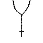 Collier en acier chapelet sombre boules diamtre 6 et 8 noires et croix 35mm x 20mm pvd noir sans fermoir ...