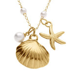 Collier en acier dor� coquillage, etoile de mer et perles blanches imitation - 41. 5 + 5. 5cm