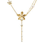 Collier en acier dor� cravate fleur et papillon et oxyde blanc et perle blanche imitation - 43 + 5cm