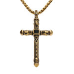Collier en acier dor� maille jaseron avec pendentif croix 45 x 27mm en oxyde noir sertis 55cm