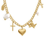 Collier en acier dor� pampilles, croix, coeur, ange, vierge, perle - 41 + 5cm