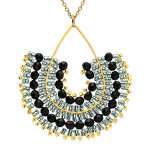 Collier en acier dor� pendentif boh�me avec perles noires , turquoises et dor�es - 42 + 10cm