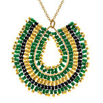 Collier en acier dor� pendentif boh�me avec perles vertes noires et do�es - 42 + 10cm