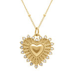 Collier en acier dor� avec pendentif coeur 22mm rayonnant avec contour d' oxydes blancs - 45 + 5cm