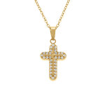 Collier en acier dor� avec pendentif croix 15 x 10mm orn�e d'oxydes blancs sertis, 42 + 5cm