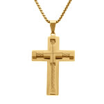 Collier en acier dor� pendentif croix 55x40mm avec c�ble noir - 55 + 10cm