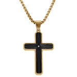 Collier en acier dor� pendentif croix stri�e 38x26mm pvd noir avec oxyde blanc - 50 + 10cm