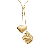 Collier en acier dor� pendentif deux coeurs bomb�s - 65 + 5cm