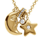 Collier en acier dor� pendentif lune et etoile oxydes blancs - 40 + 5cm