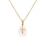 Collier en acier dor� avec pendentif quartz rose v�ritable avec croix, 40 + 6cm