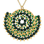 Collier en acier dor� pendentif rond boh�me avec pierres vertes, noires et dor�es - 42 + 10cm