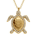 Collier en acier dor� pendentif tortue avec oxydes blancs sertis - 45 + 5cm