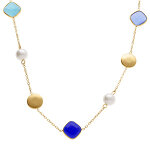 Collier en acier dor� avec perle blanche imitation et pierres bleues effet oeil de chat - 40 + 5cm