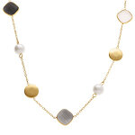 Collier en acier dor� avec perle blanche imitation et pierre noire effet oeil de chat - 40 + 5cm