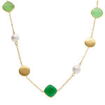 Collier en acier dor� avec perle blanche imitation et pierres vertes effet oeil de chat - 40 + 5cm